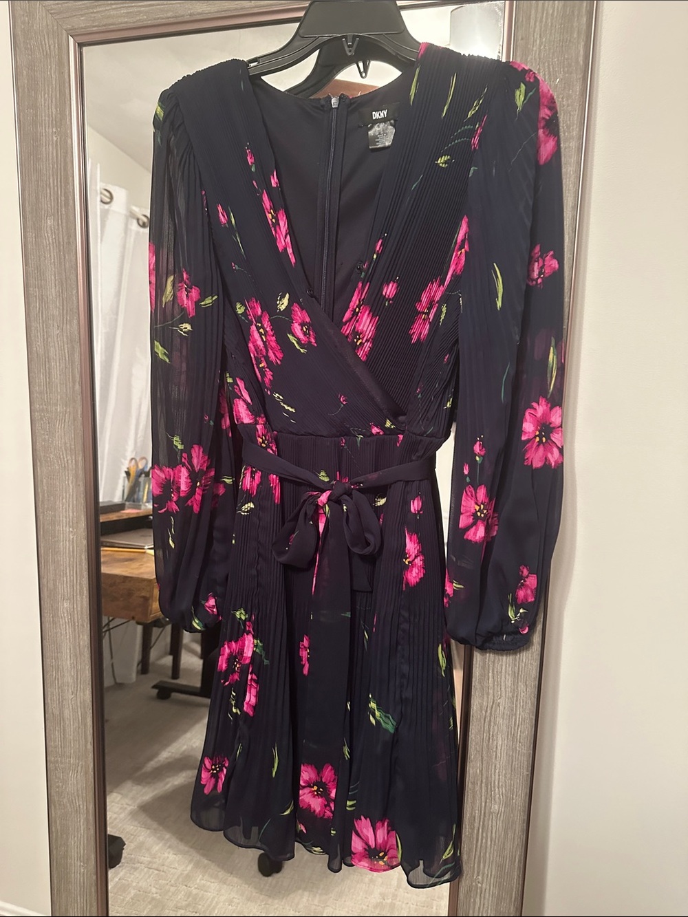 DKNY Navy Long Sleeve Floral Wrap Dress with Pink Blooms